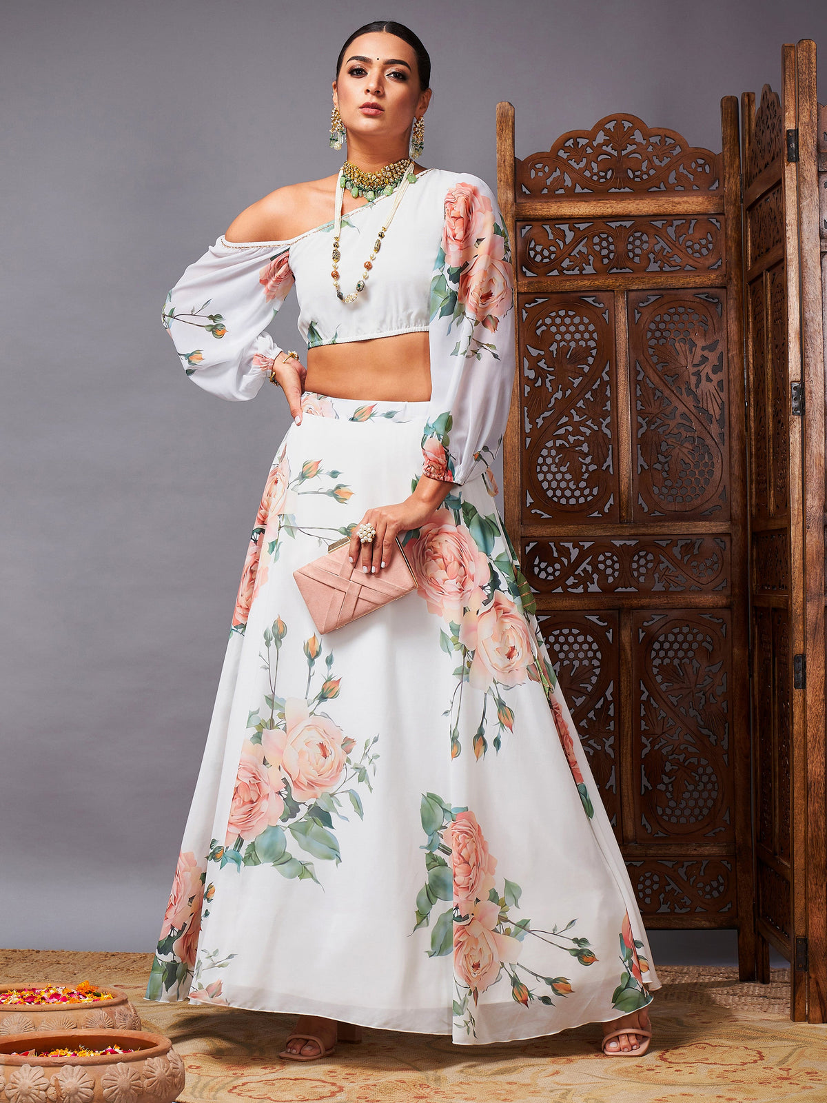 White Floral One Shoulder Crop Top With Anarkali Skirt-Shae by SASSAFRAS