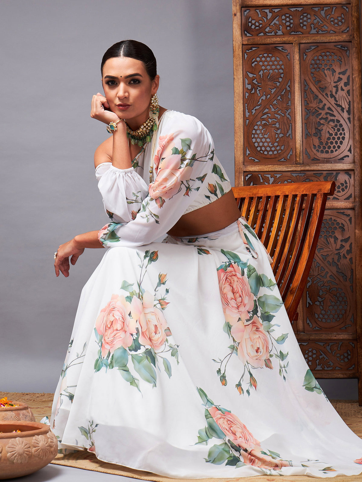 White Floral One Shoulder Crop Top With Anarkali Skirt-Shae by SASSAFRAS