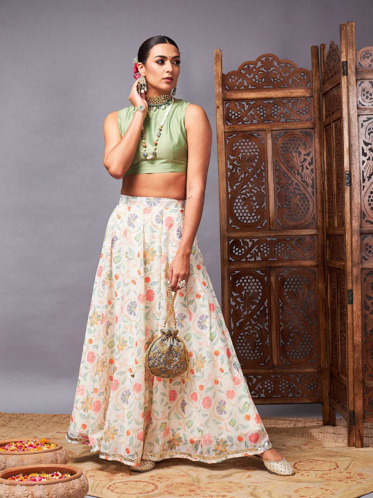 Green Crop Top With Beige Floral Anarkali Skirt-Shae by SASSAFRAS