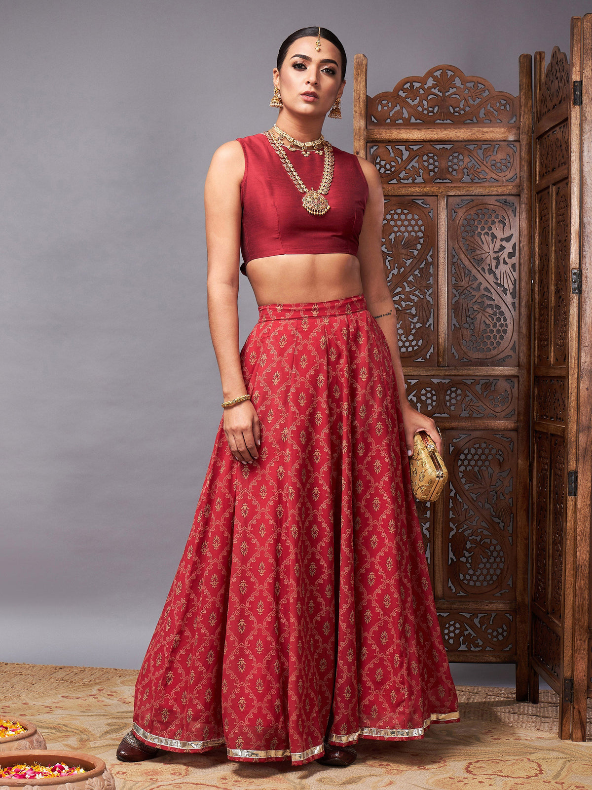 Maroon Crop Top With Pocket Anarkali Skirt-Shae by SASSAFRAS