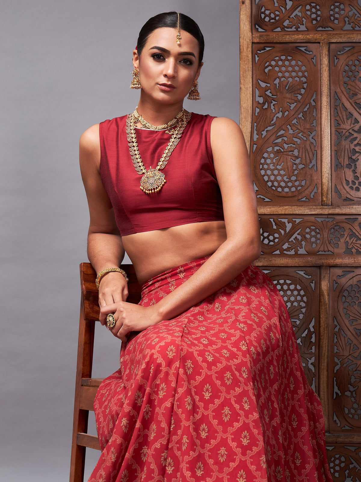 Maroon Crop Top With Pocket Anarkali Skirt-Shae by SASSAFRAS