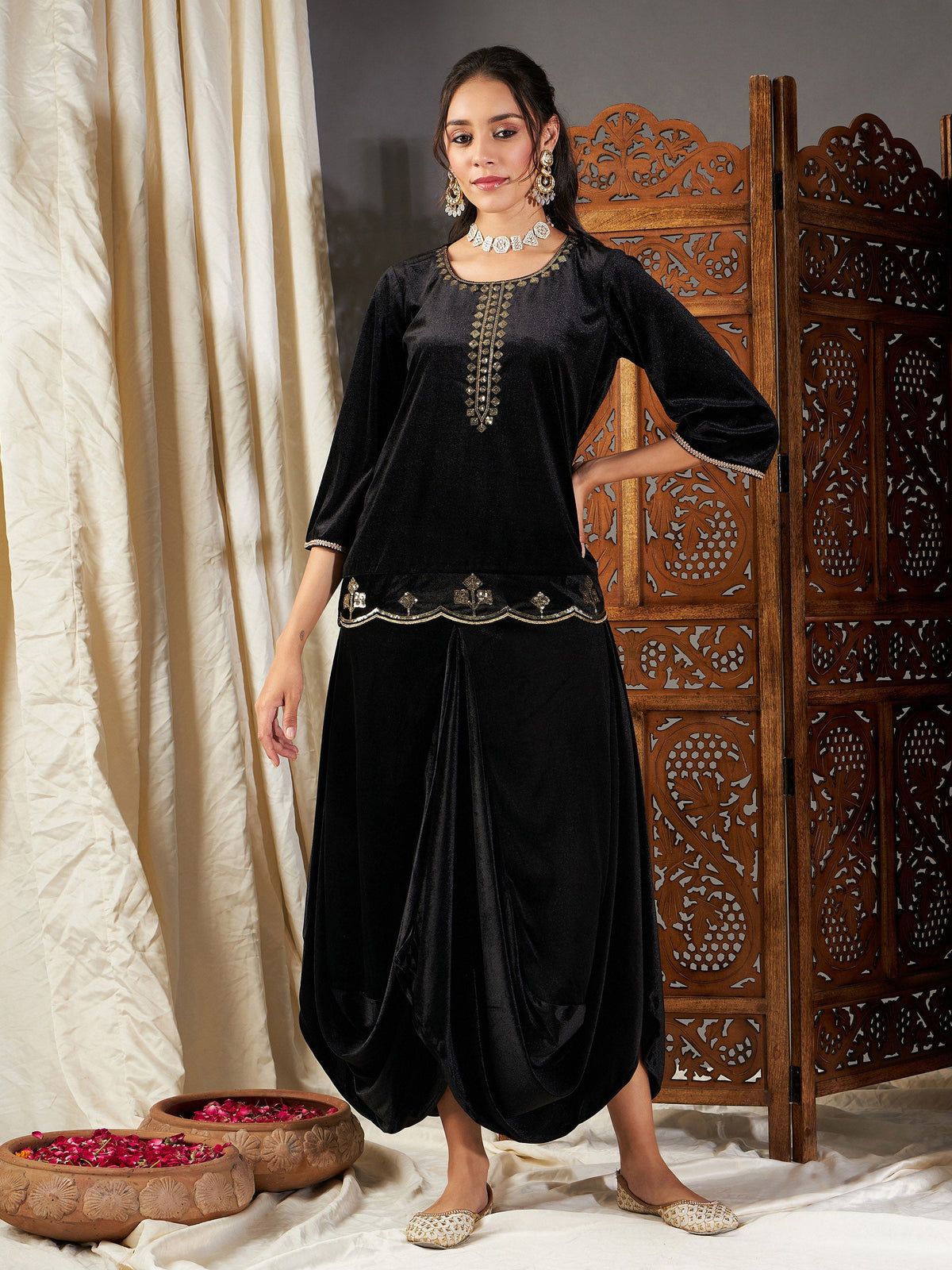 Black Velvet Embroidered Short Kurta With Dhoti Skirt-Shae by SASSAFRAS