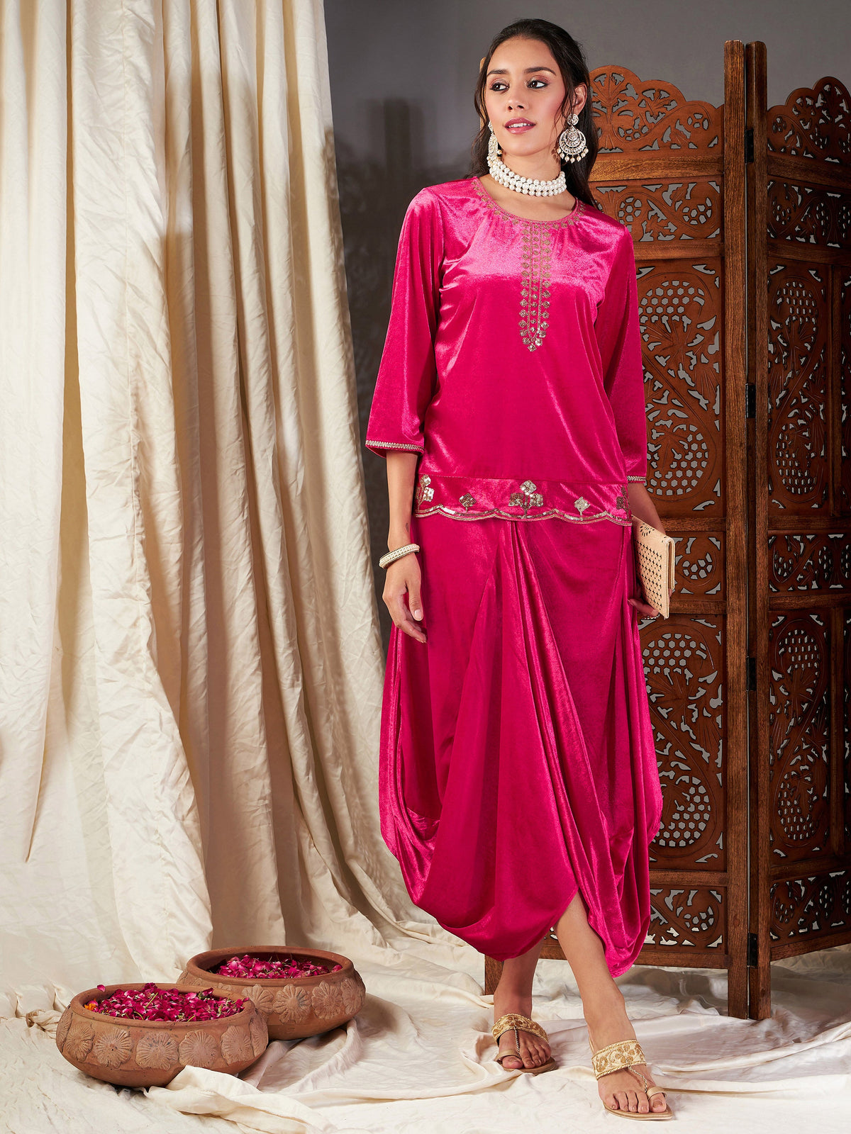 Fuchsia Velvet Embroidered Short Kurta With Dhoti Skirt-Shae by SASSAFRAS