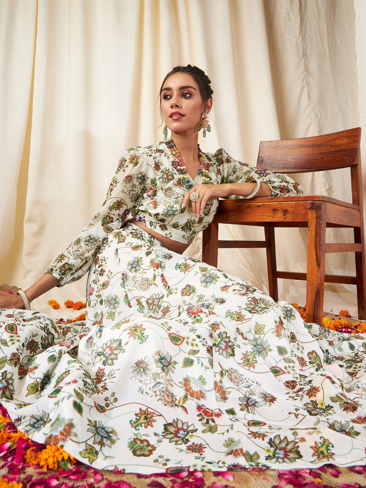 Beige Floral Wrap Top With Anarkali Skirt-Shae by SASSAFRAS