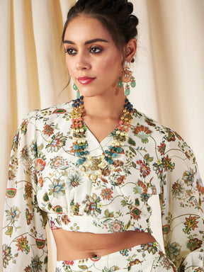 Beige Floral Wrap Top With Anarkali Skirt-Shae by SASSAFRAS