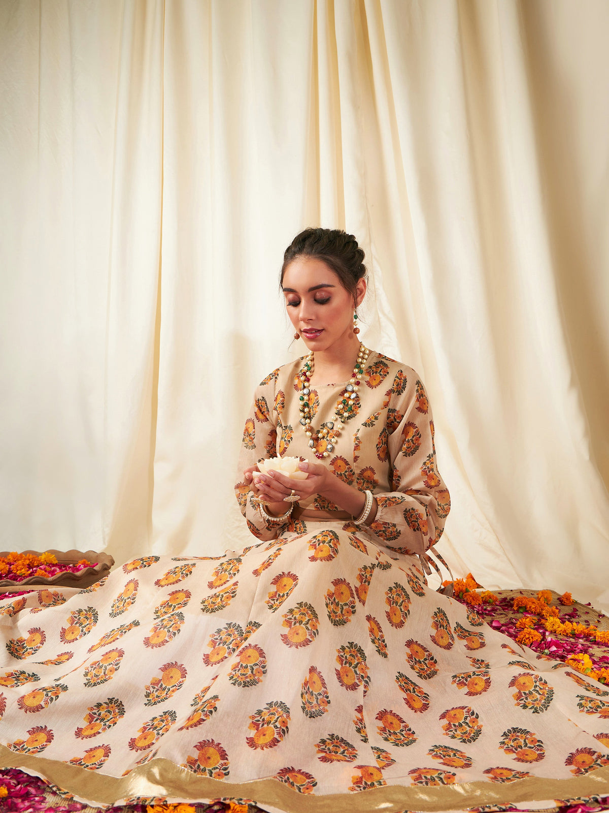 Beige Floral Crop Top With Anarkali Skirt -Shae by SASSAFRAS