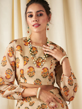 Beige Floral Crop Top With Anarkali Skirt -Shae by SASSAFRAS