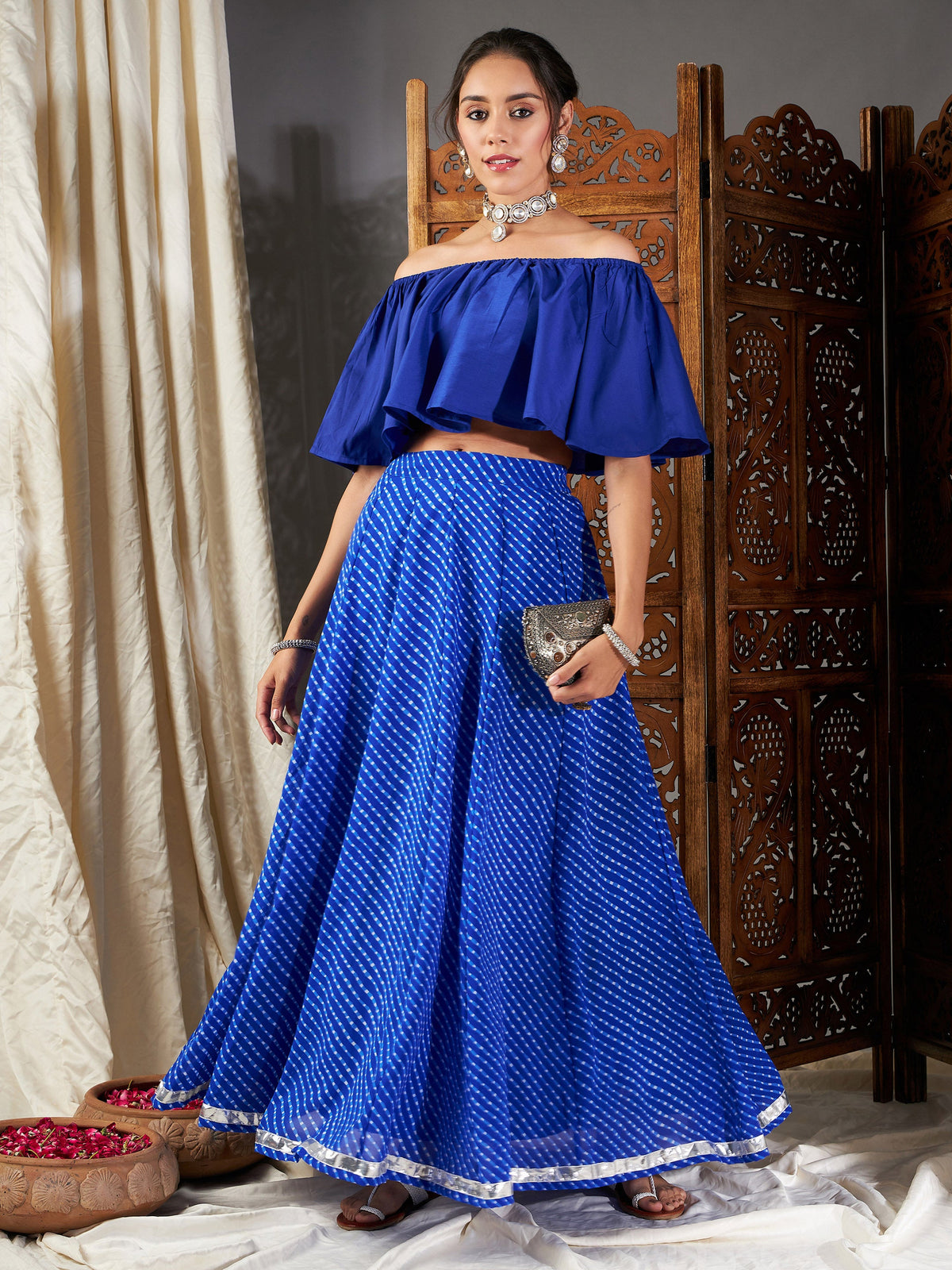 Blue Lehariya Off Shoulder Crop Top With Anarkali Skirt -Shae by SASSAFRAS