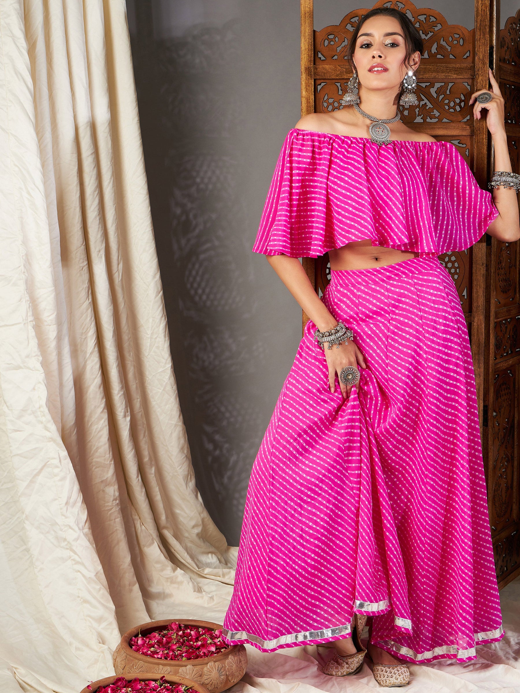 Pink Lehariya Off Shoulder Crop Top With Anarkali Skirt -Shae by SASSAFRAS