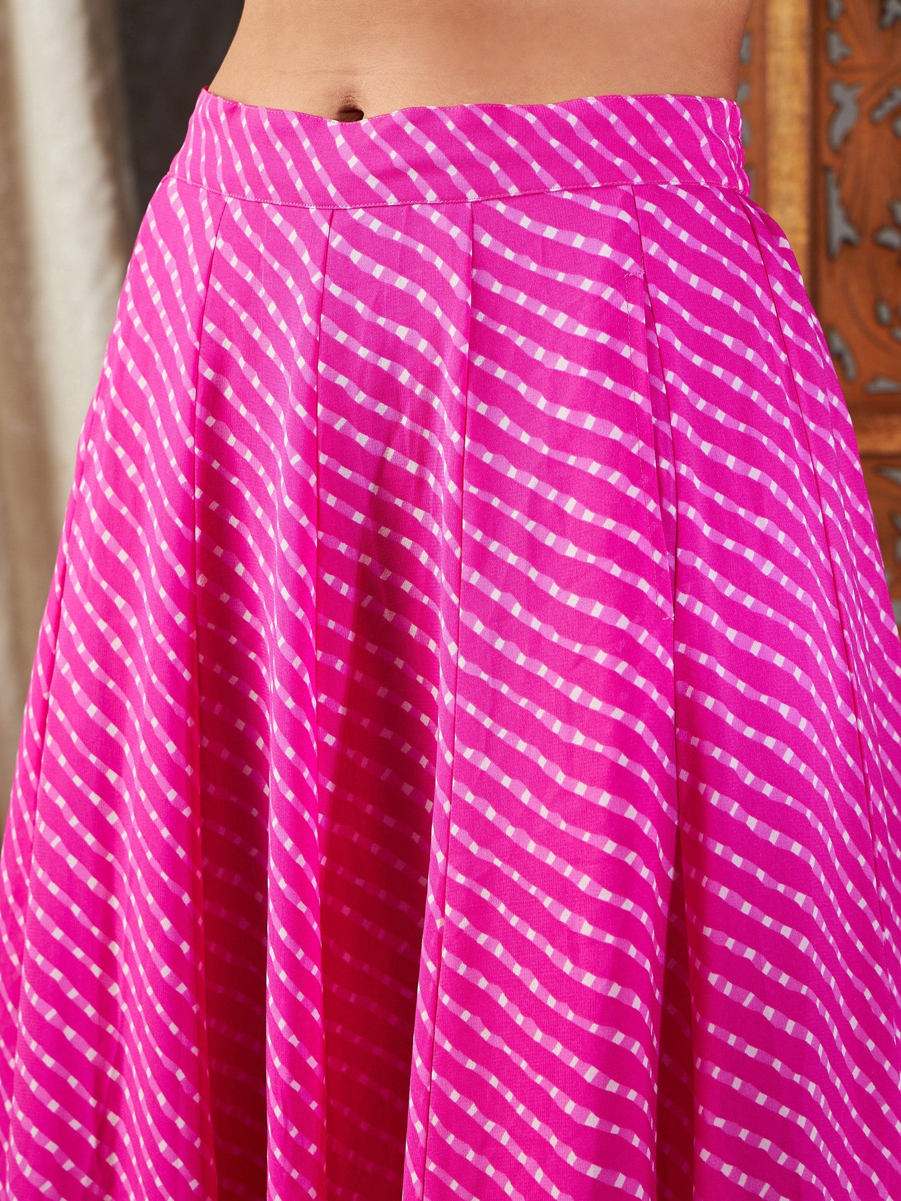 Pink Lehariya Off Shoulder Crop Top With Anarkali Skirt -Shae by SASSAFRAS