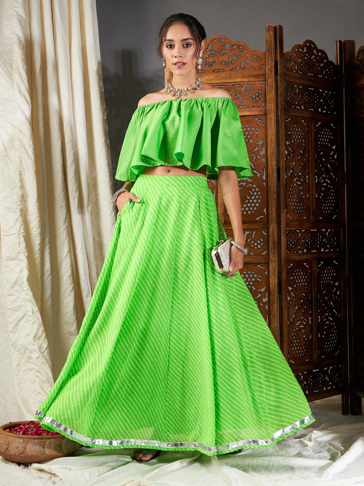 Green Lehariya Bardot Crop Top With Anarkali Skirt -Shae by SASSAFRAS