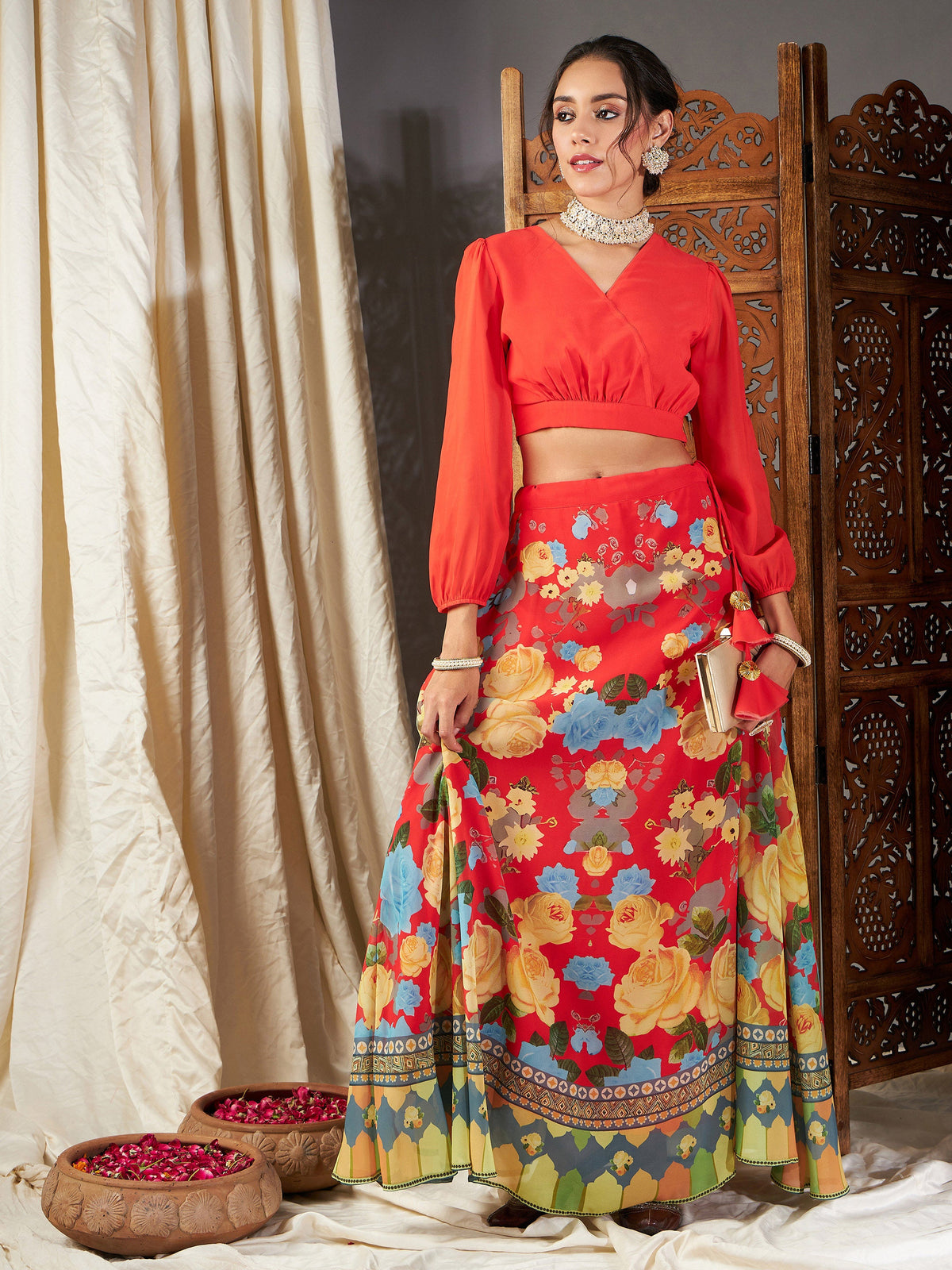 Red & Yellow Floral Bias Flared Skirt With Crop Top-Shae by SASSAFRAS