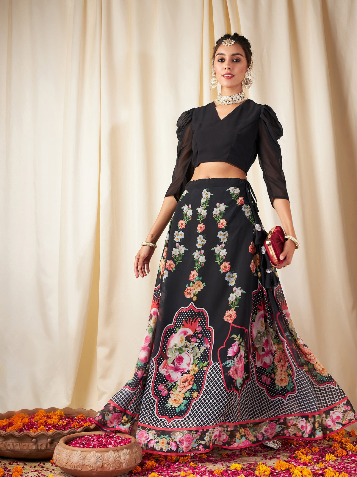 Black Floral Bias Flared Skirt With Crop Top-Shae by SASSAFRAS