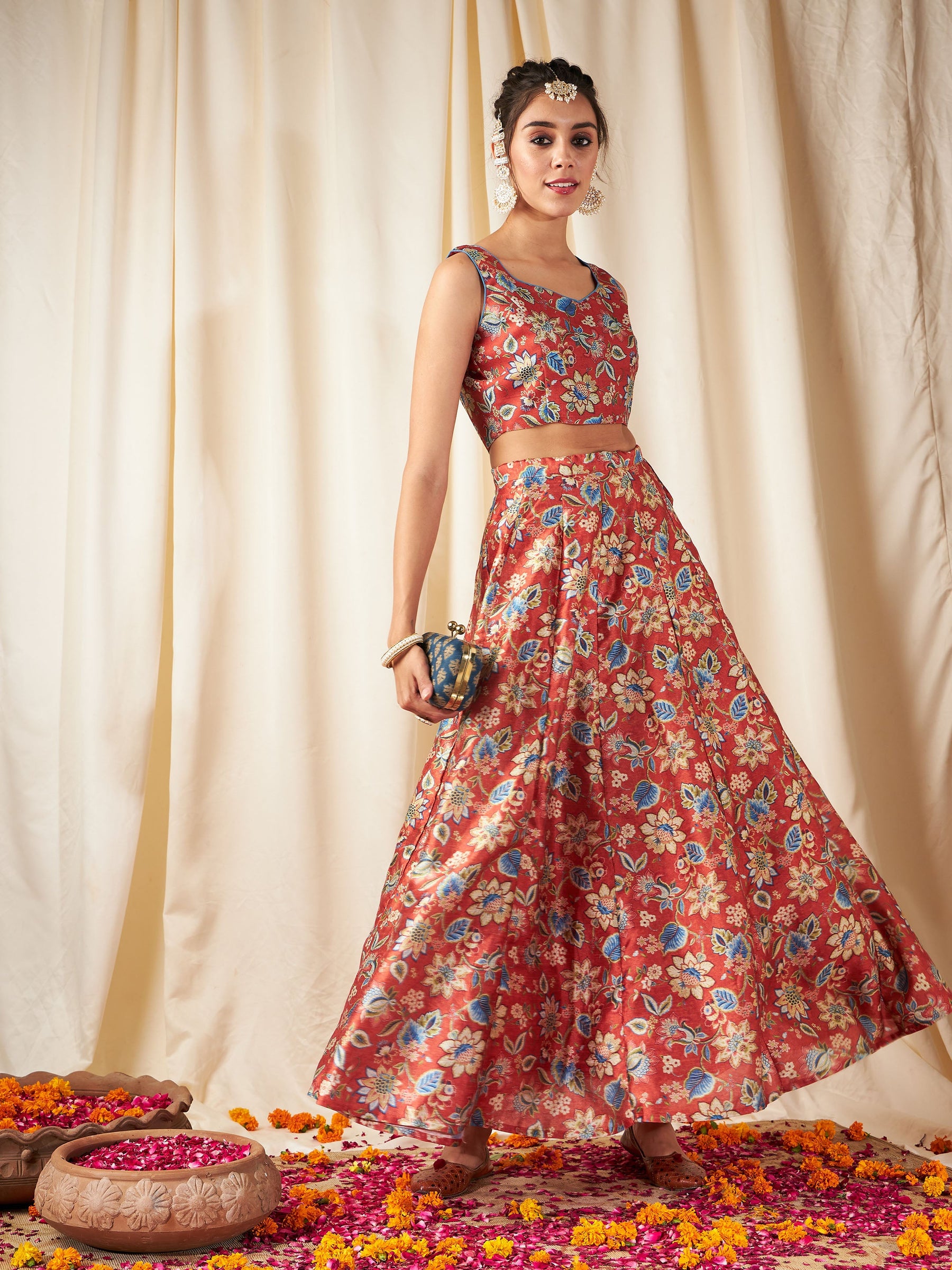 Orange Floral Anarkali Skirt With Crop Top-Shae by SASSAFRAS
