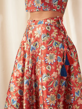 Orange Floral Anarkali Skirt With Crop Top-Shae by SASSAFRAS