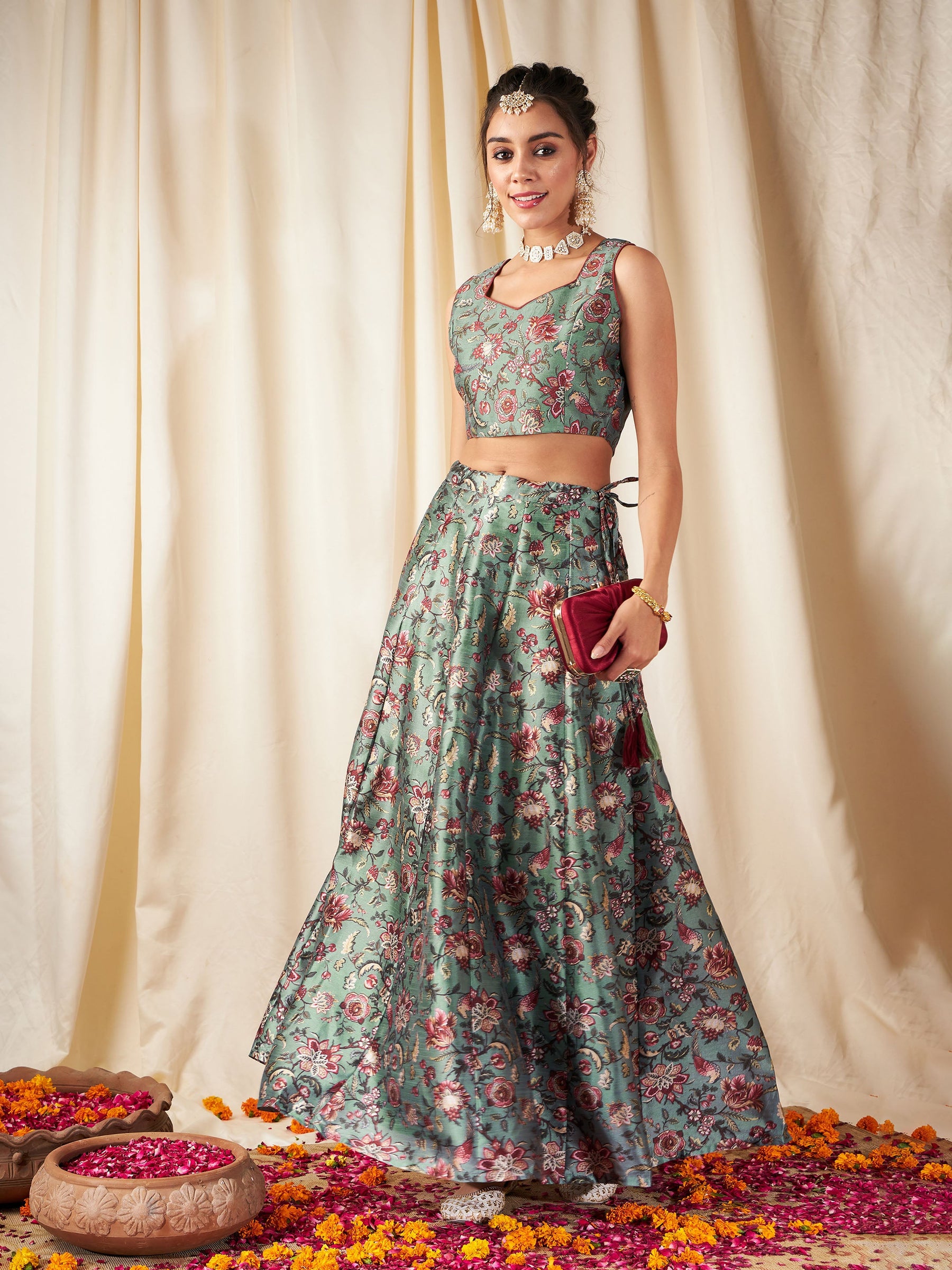 Olive Floral Anarkali Skirt With Crop Top-Shae by SASSAFRAS