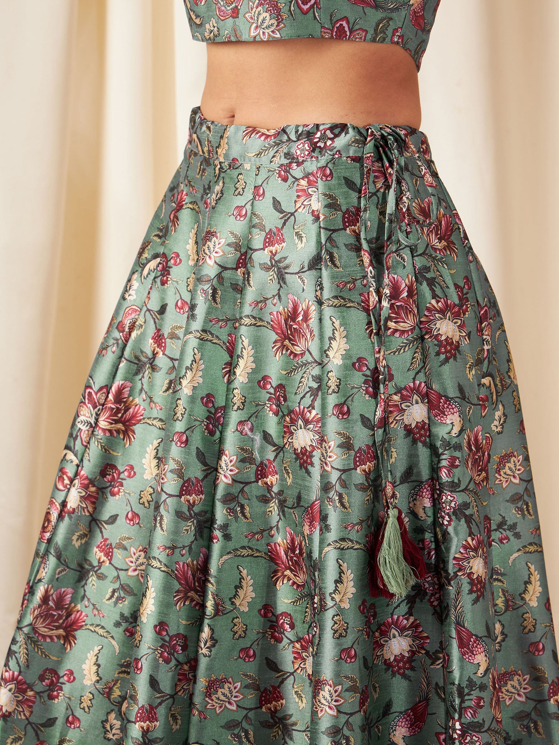 Olive Floral Anarkali Skirt With Crop Top-Shae by SASSAFRAS