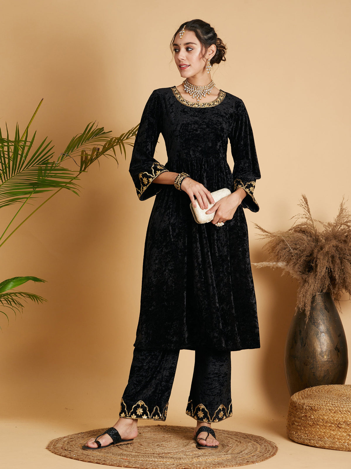 Black Velvet Embroidered Dress With Pants-Shae by SASSAFRAS