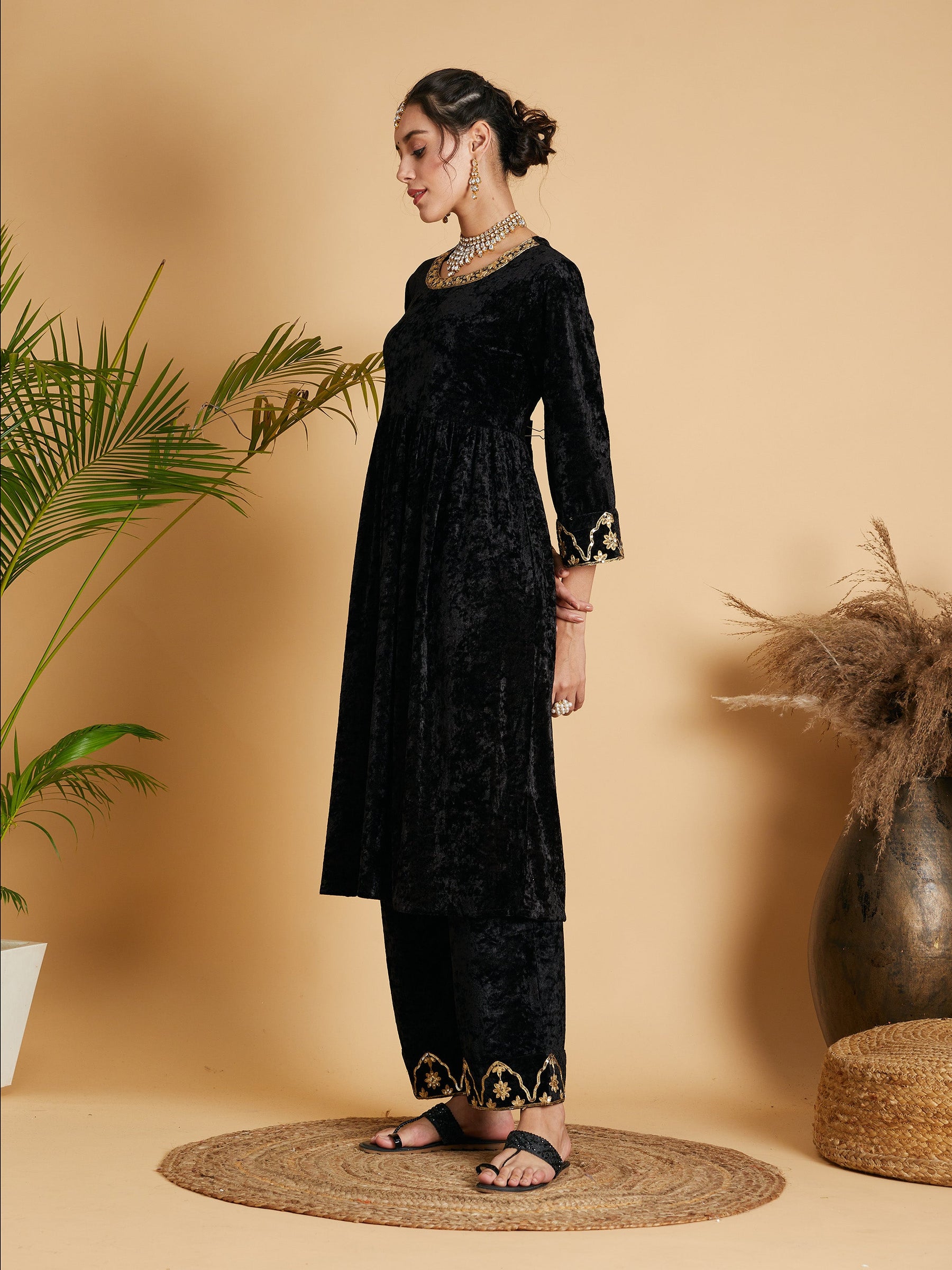 Black Velvet Embroidered Dress With Pants-Shae by SASSAFRAS