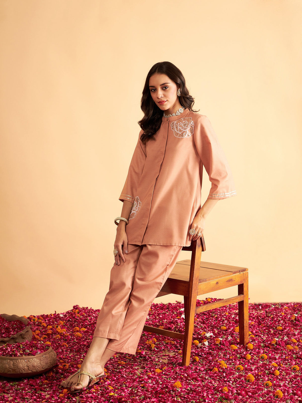 Brown Embroidered Collar Shirt With Pants-Shae by SASSAFRAS