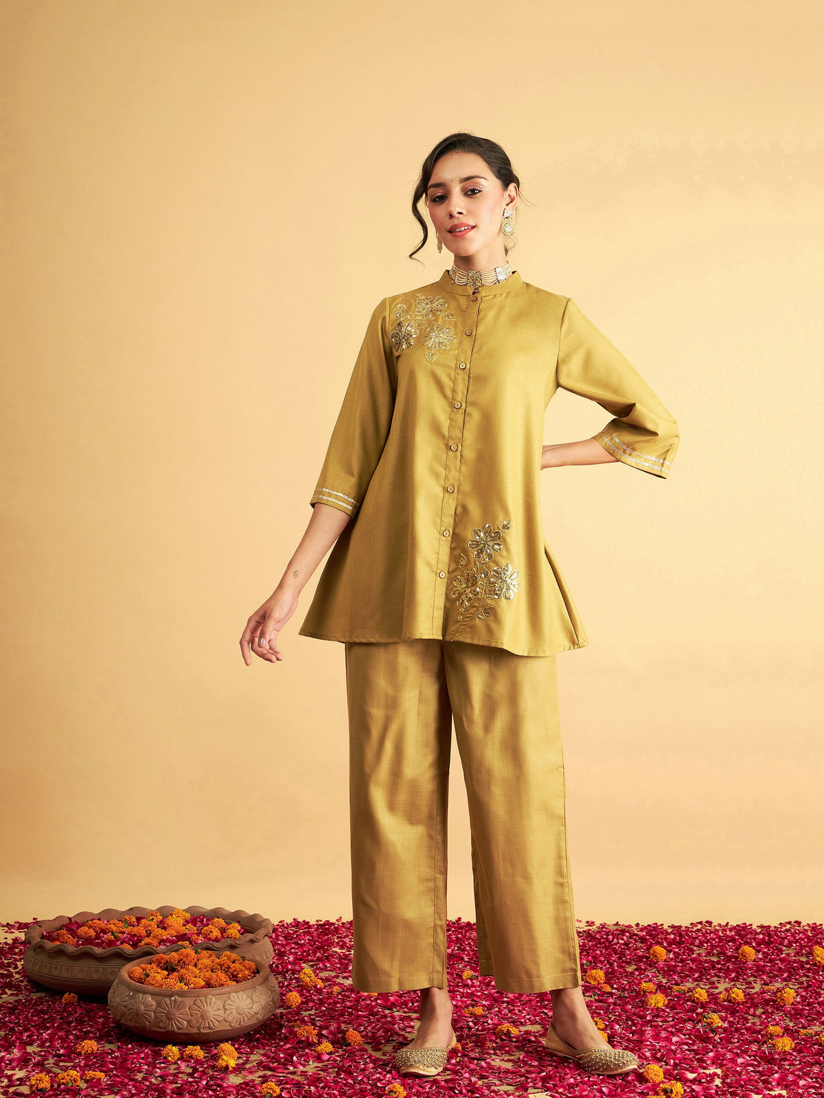 Yellow Embroidered Collar Shirt With Pants-Shae by SASSAFRAS