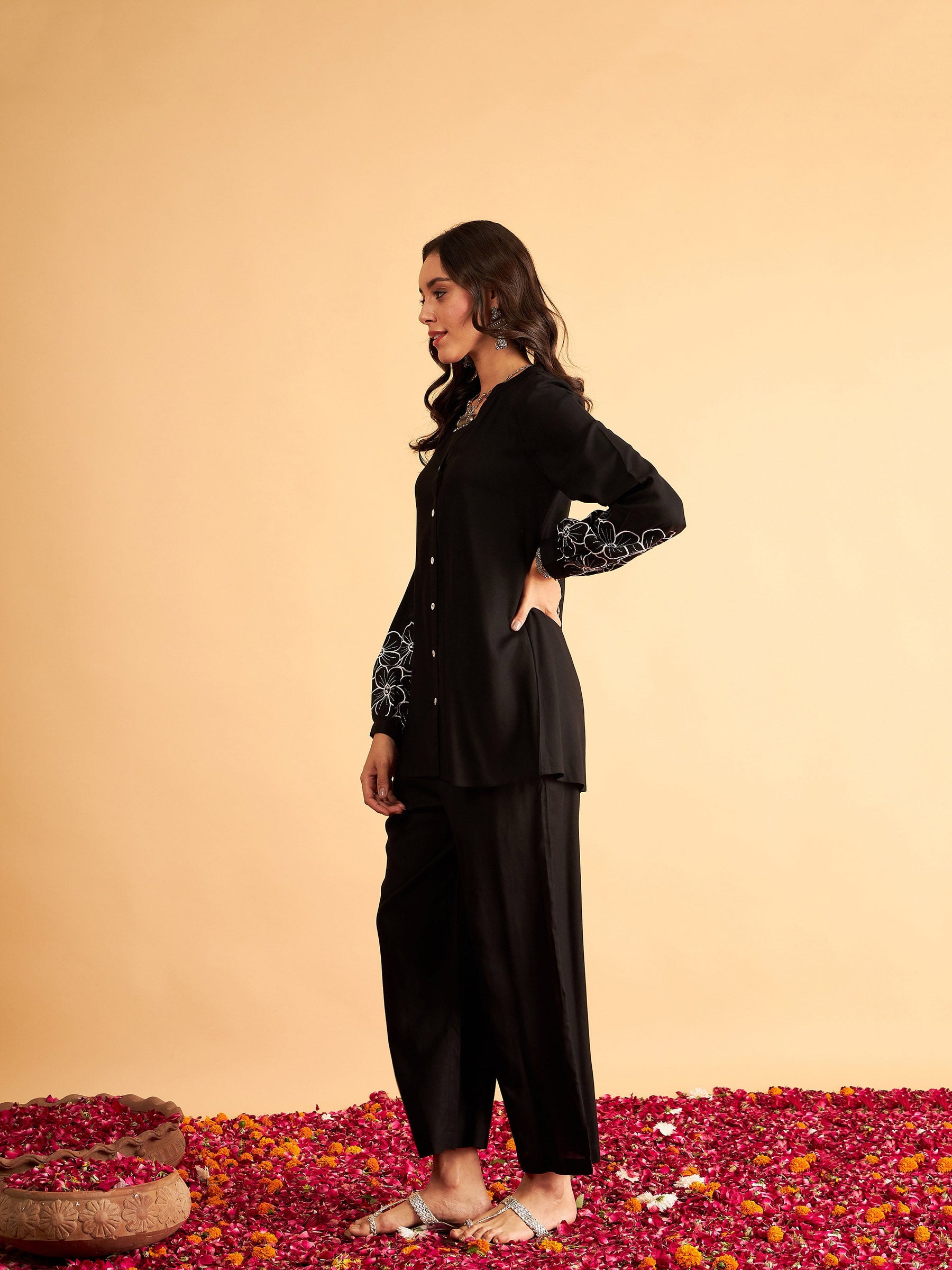 Black Sleeves Embroidered Shirt With Pants-Shae by SASSAFRAS