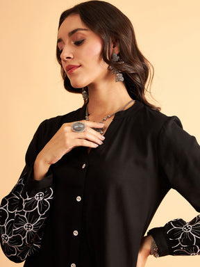 Black Sleeves Embroidered Shirt With Pants-Shae by SASSAFRAS