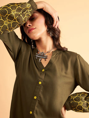 Olive Sleeves Embroidered Shirt With Pants-Shae by SASSAFRAS