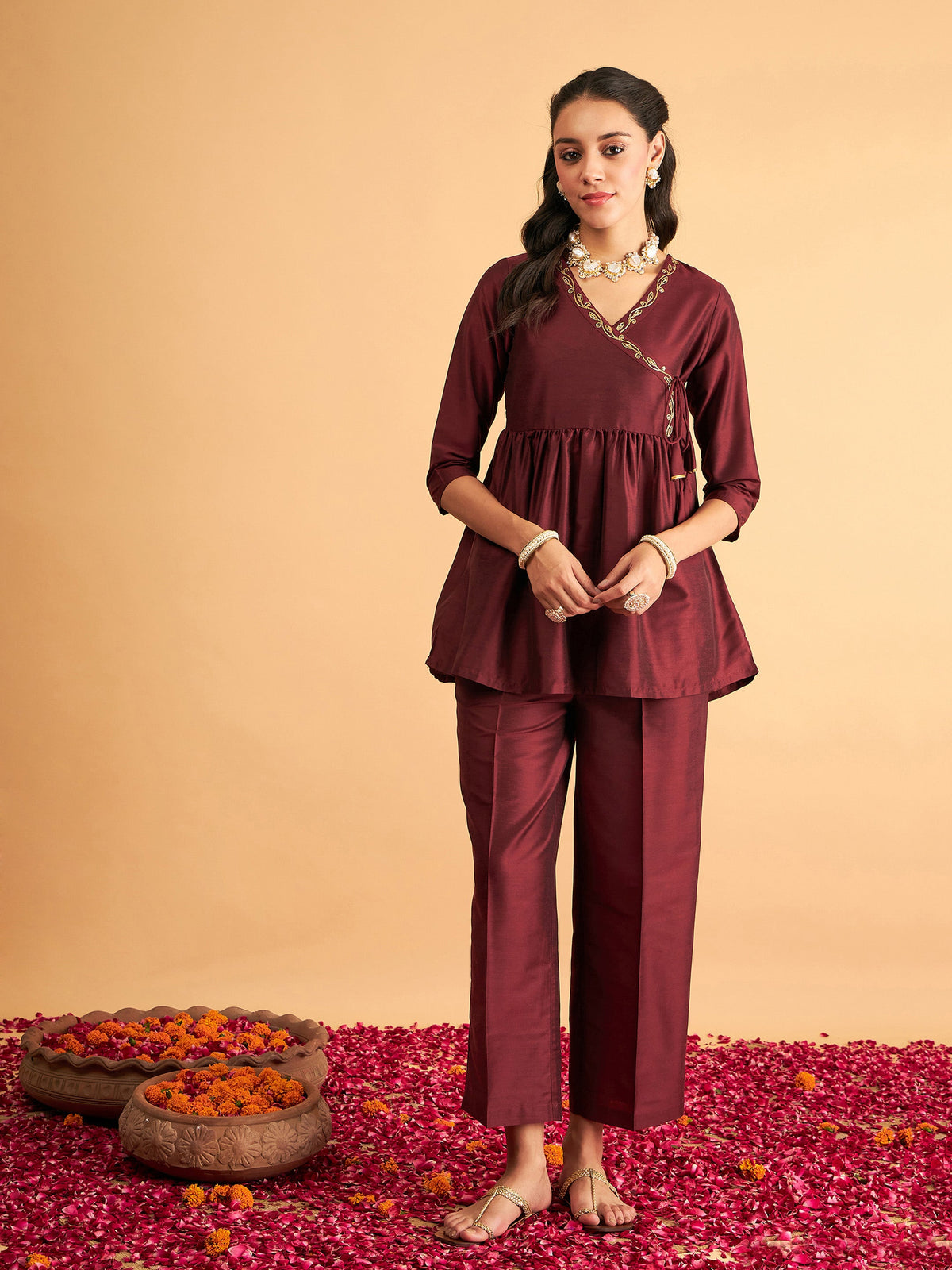 Maroon Embroidered Wrap Peplum Top With Pants-Shae by SASSAFRAS