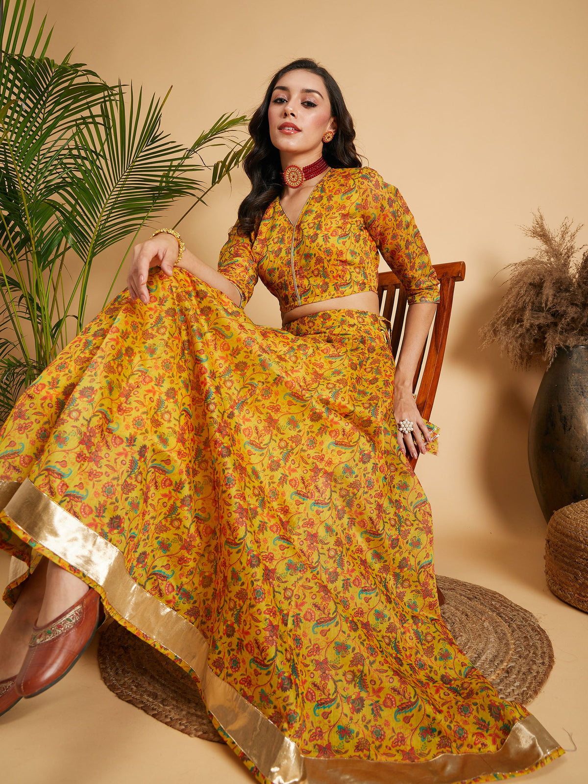 Mustard Floral Anarkali Skirt With Crop Top-Shae by SASSAFRAS