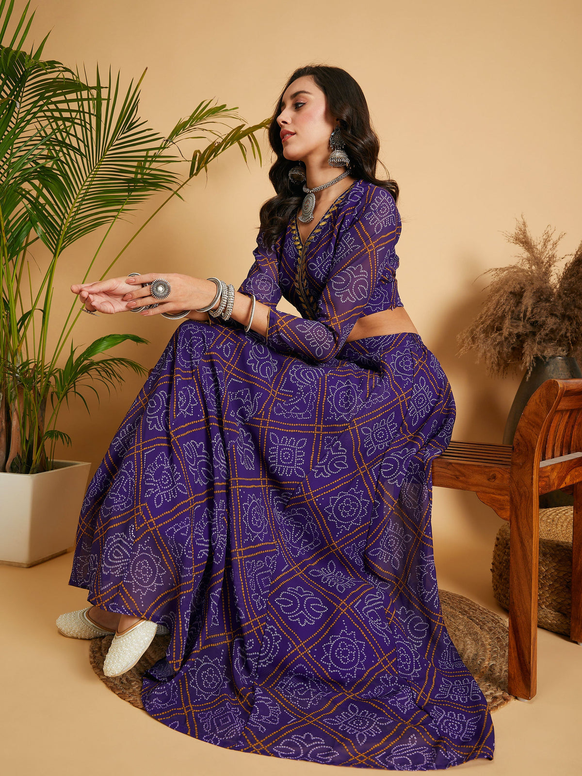 Purple & White Bandhej Anarkali Skirt With Crop Top-Shae by SASSAFRAS