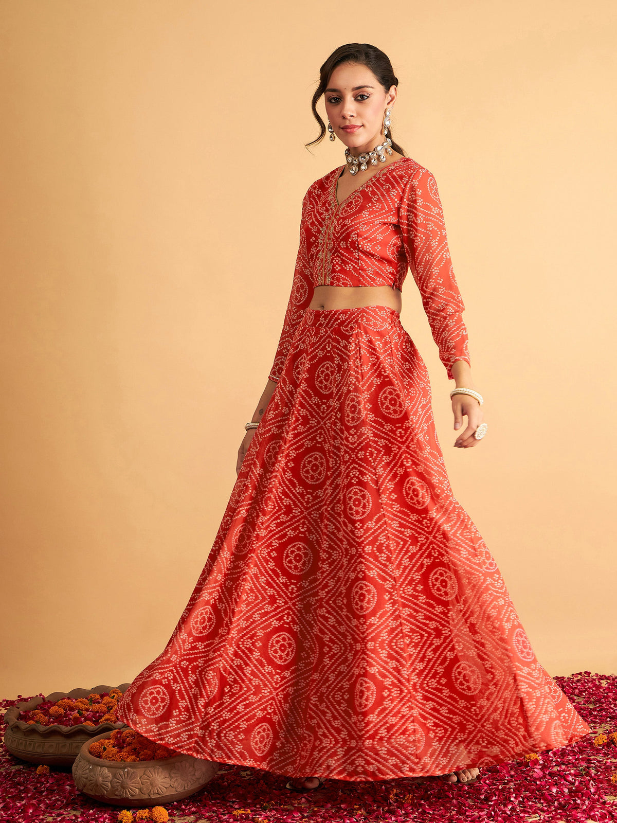 Red & White Bandhej Anarkali Skirt With Crop Top-Shae by SASSAFRAS