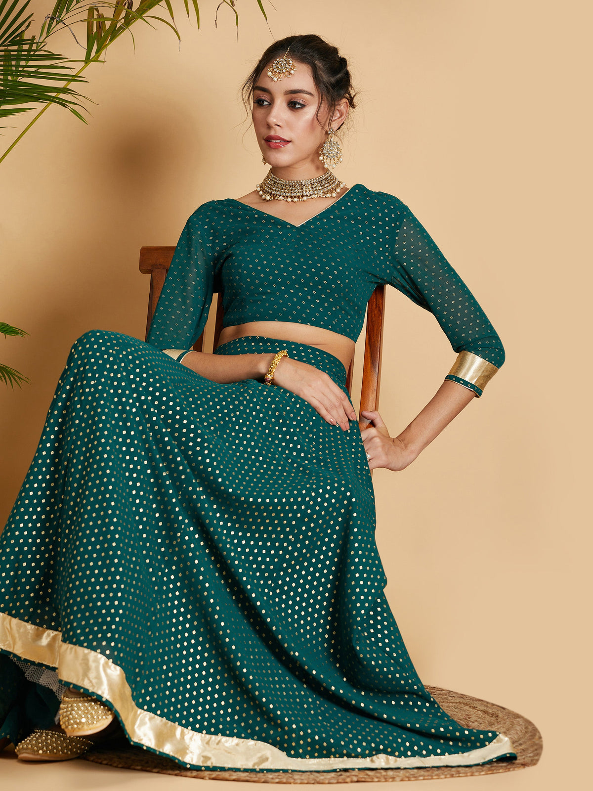Emerald Dot Foil Print Anarkali Skirt With Crop Top-Shae by SASSAFRAS