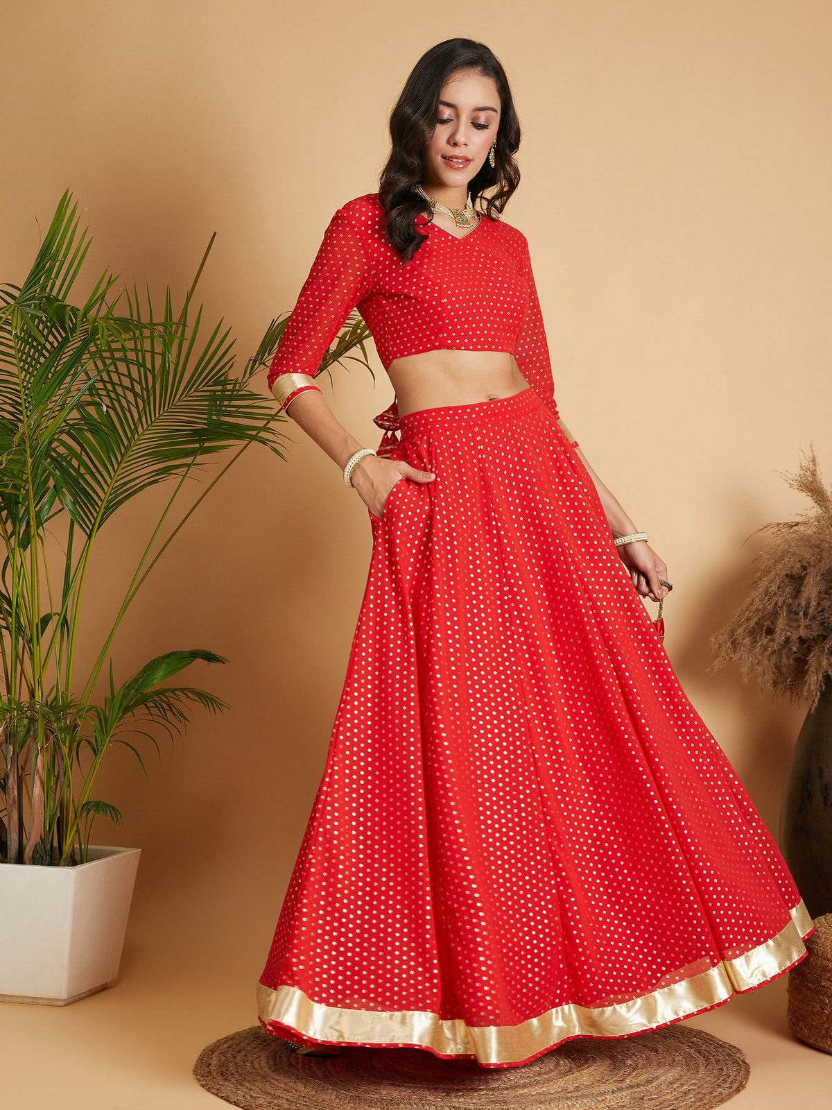 Red Dot Foil Print Anarkali Skirt With Crop Top-Shae by SASSAFRAS