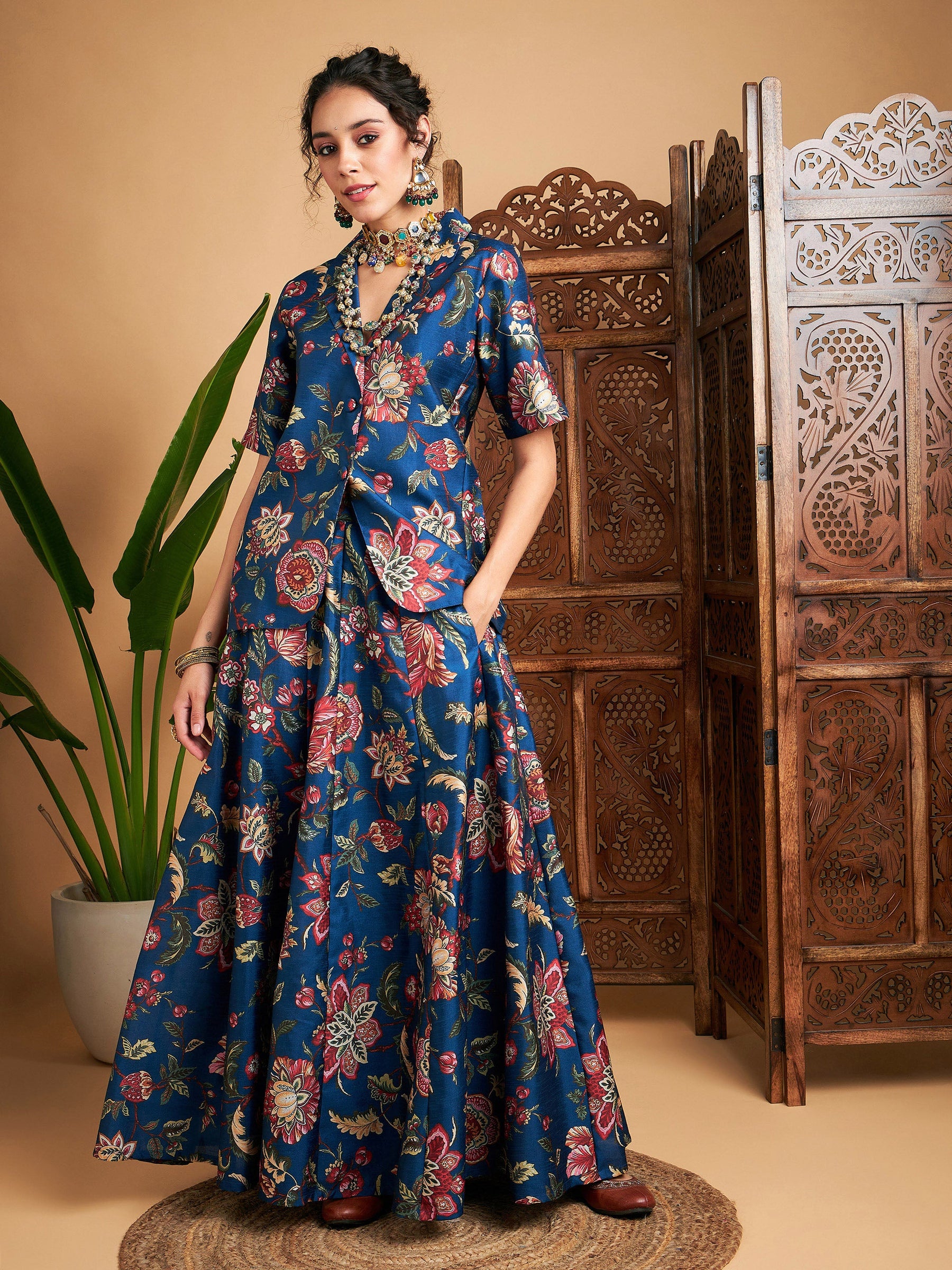 Blue Floral Anarkali Skirt With Blazer-Shae by SASSAFRAS