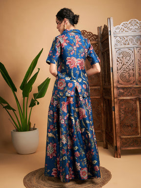 Blue Floral Anarkali Skirt With Blazer-Shae by SASSAFRAS