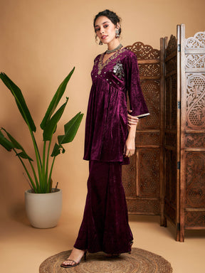 Purple Velvet Embroidered Top With Palazzos-Shae by SASSAFRAS
