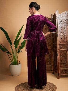 Purple Velvet Embroidered Top With Palazzos-Shae by SASSAFRAS