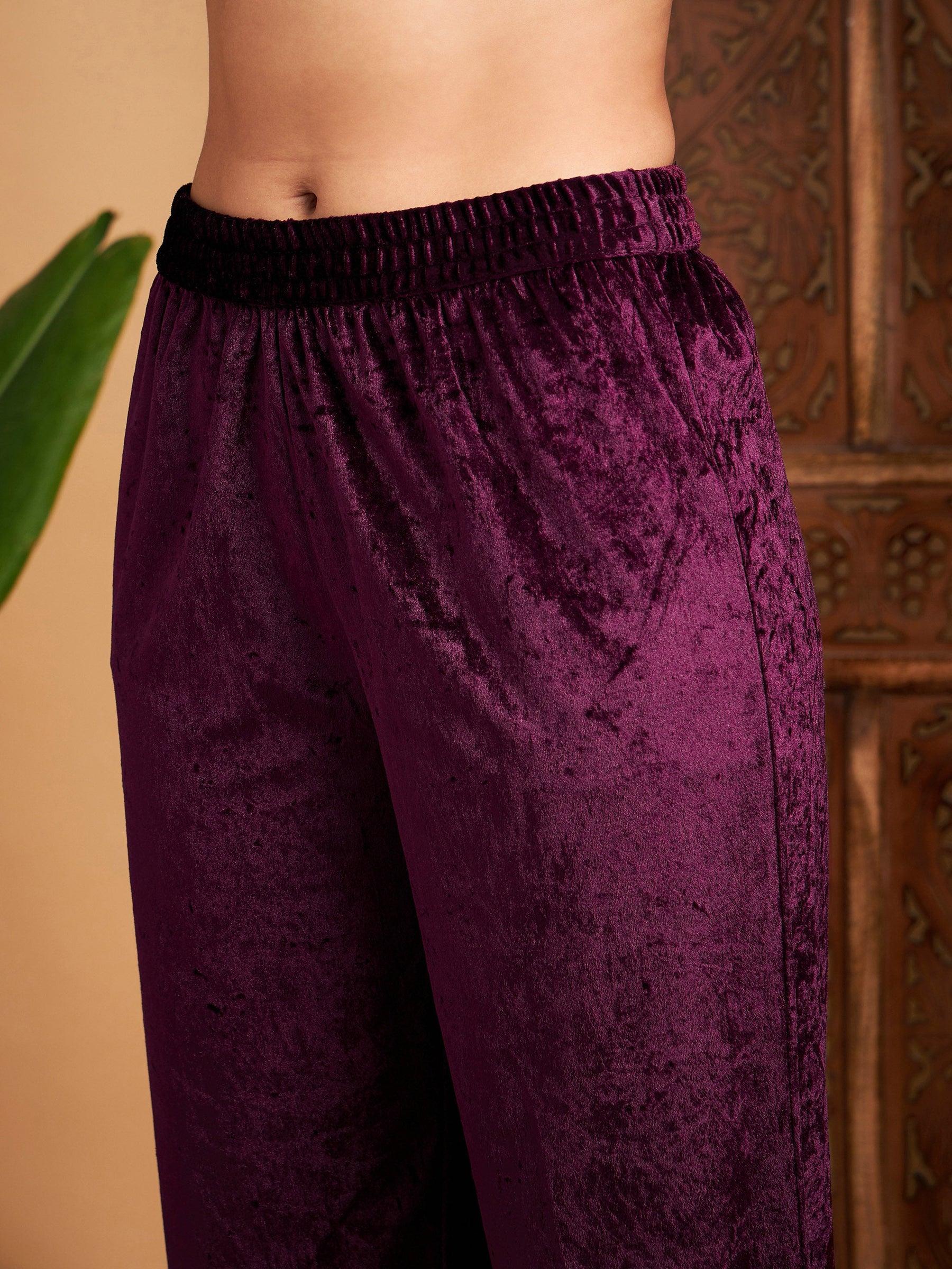 Purple Velvet Embroidered Gathered Kurta With Pants-Shae by SASSAFRAS