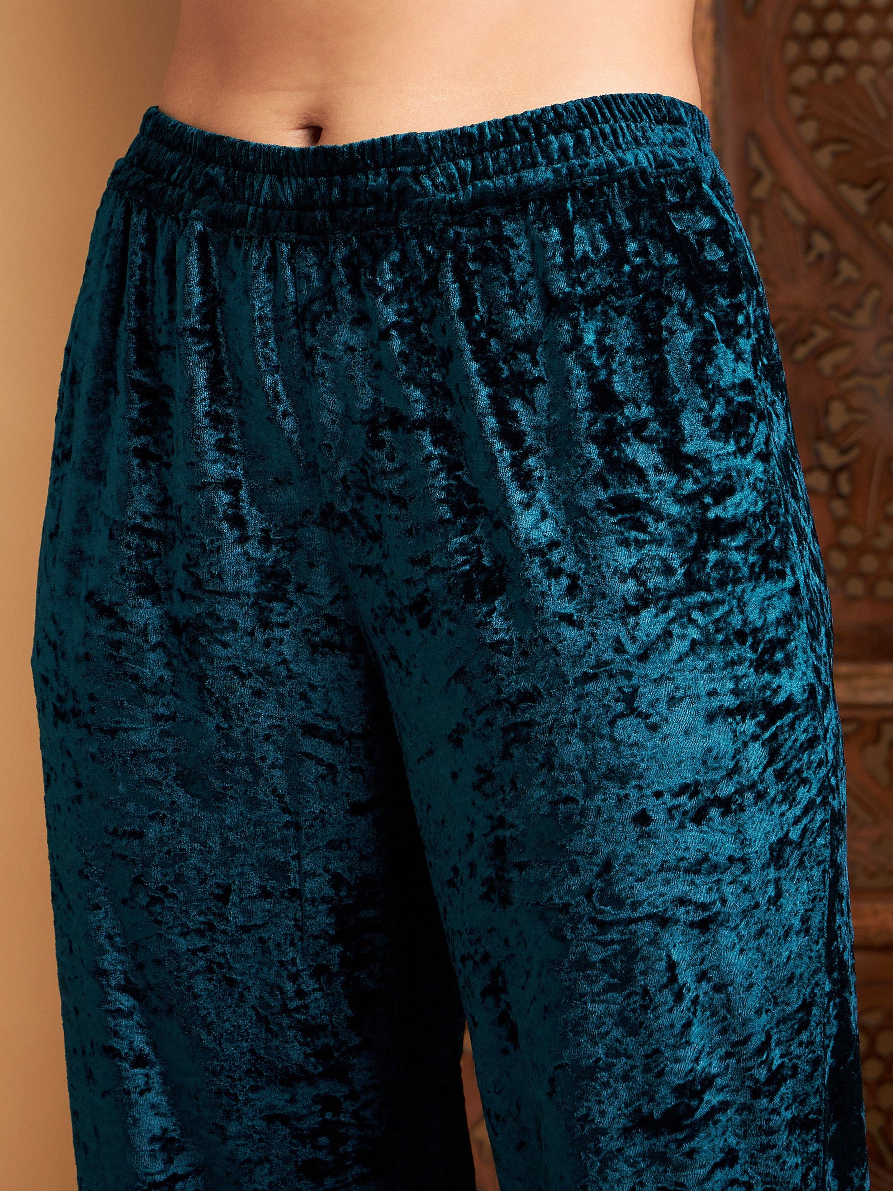 Teal Velvet Gota Patti Embroidered Kurta With Pants-Shae by SASSAFRAS