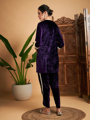 Purple Velvet Gota Patti Embroidered Short Kurta With Dhoti Pants-Shae by SASSAFRAS