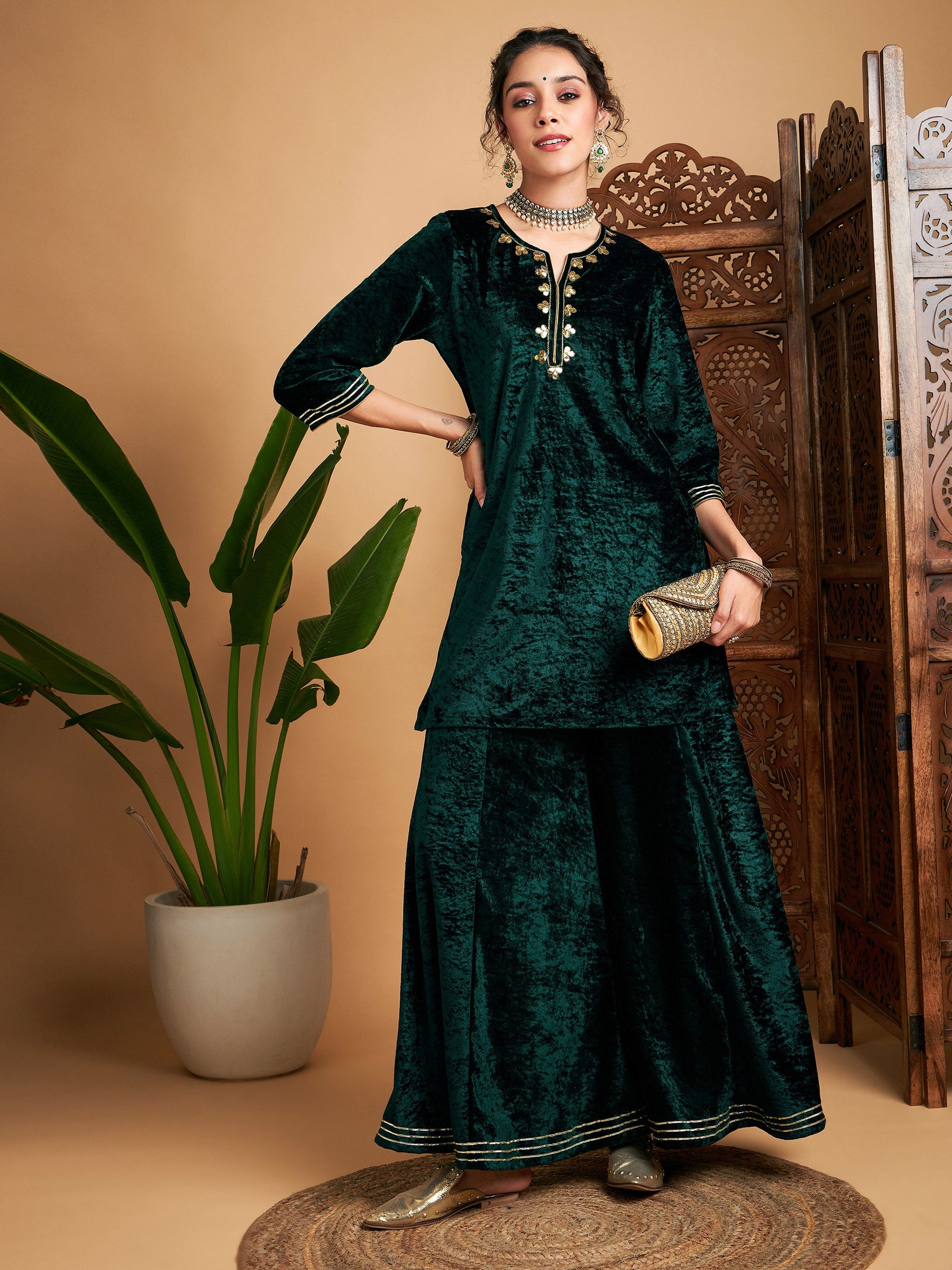 Emerald Velvet Embroidered Short Kurta With Palazzos-Shae by SASSAFRAS