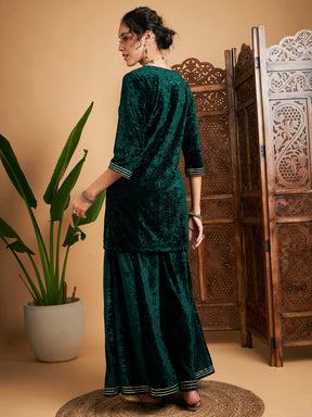 Emerald Velvet Embroidered Short Kurta With Palazzos-Shae by SASSAFRAS