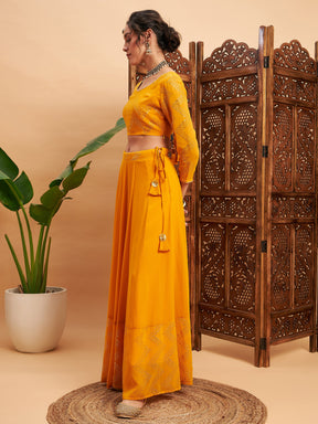 Mustard Mukaish Work Anarkali Skirt With Crop Top-Shae by SASSAFRAS
