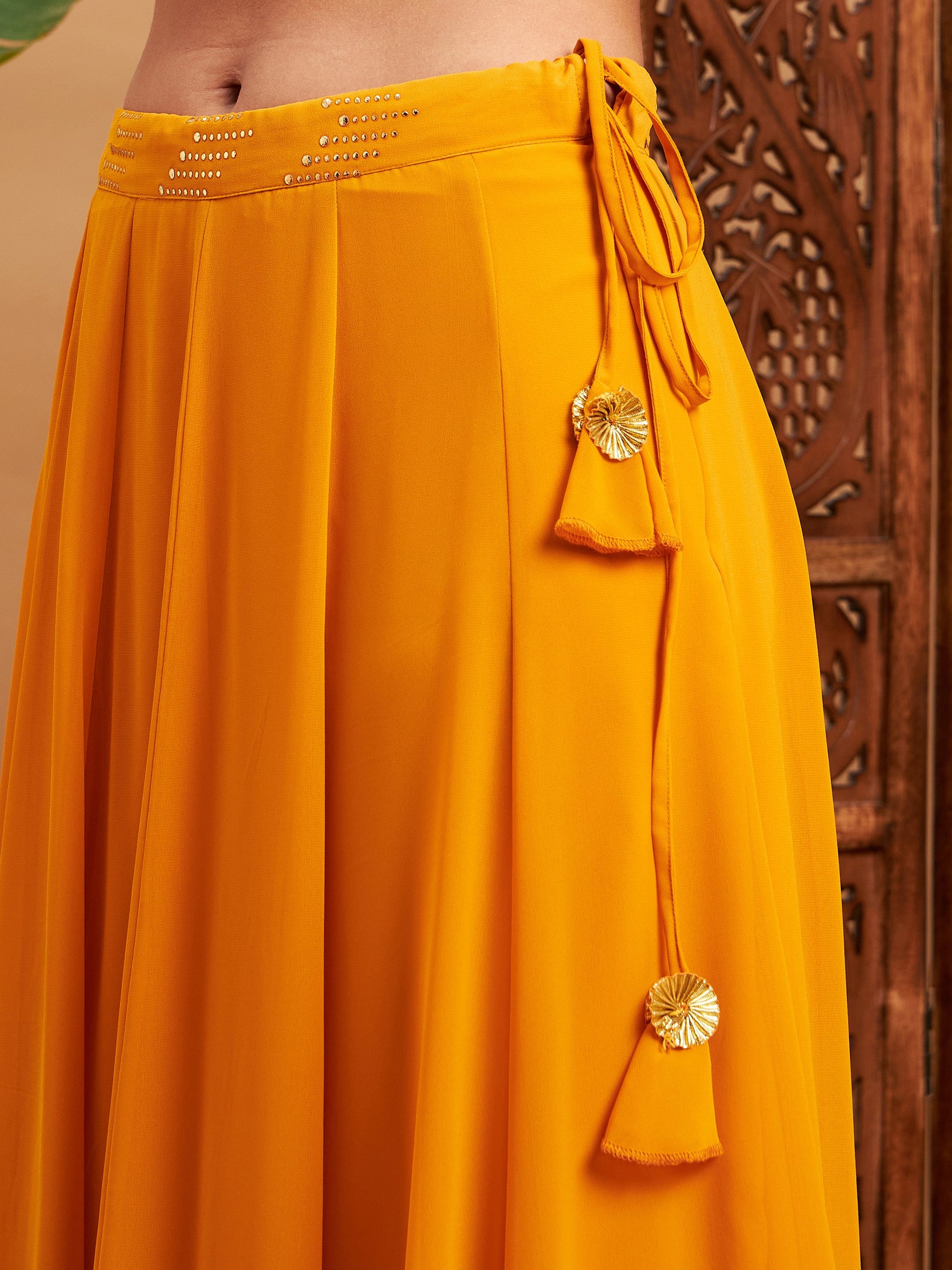Mustard Mukaish Work Anarkali Skirt With Crop Top-Shae by SASSAFRAS