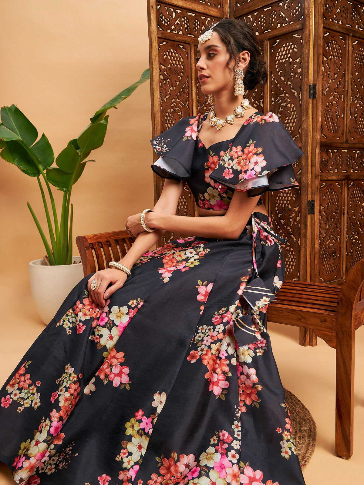 Black Floral Anarkali Skirt With Crop Top-Shae by SASSAFRAS
