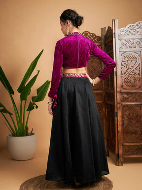 Black Solid Skirt With Fuchsia Velvet Crop Top-Shae by SASSAFRAS