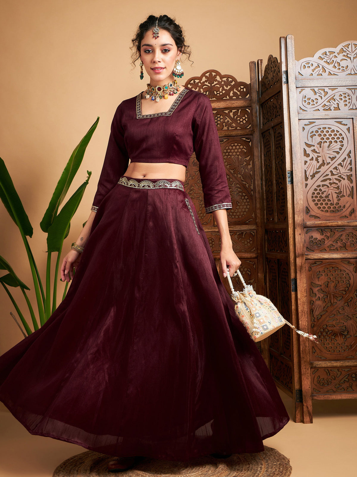 Maroon Embroidered Anarkali Skirt With Crop Top-Shae by SASSAFRAS