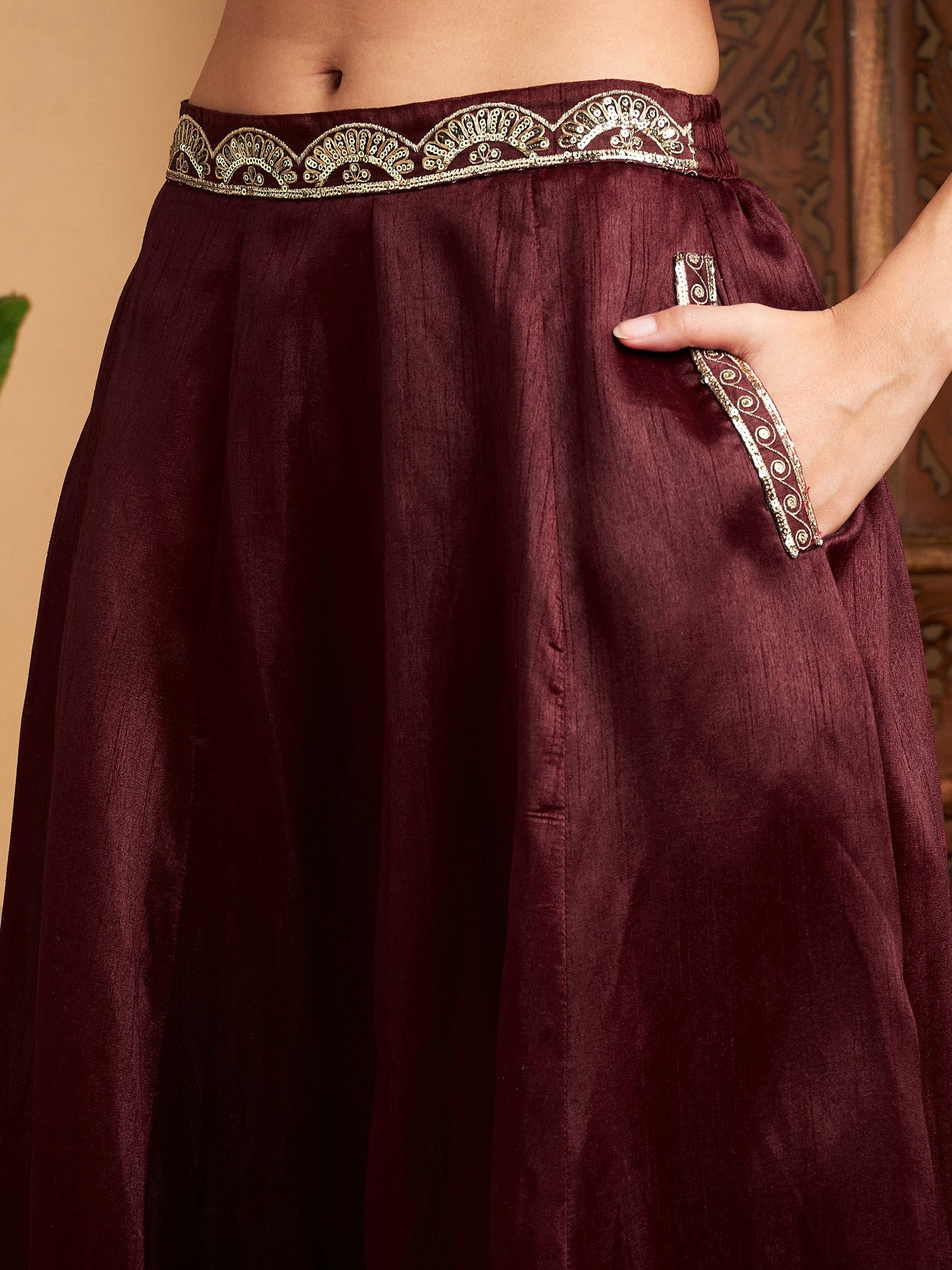 Maroon Embroidered Anarkali Skirt With Crop Top-Shae by SASSAFRAS