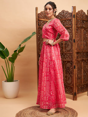 Pink Floral Anarkali Skirt With Wrap Crop Top-Shae by SASSAFRAS